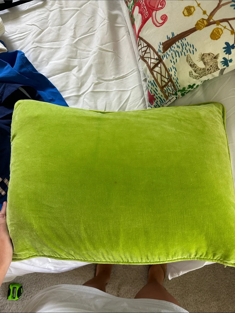 Green Velvet Decorative Pillow with Embroidered Crest - Unbranded